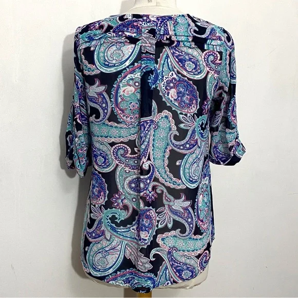 SKIES ARE BLUE paisley print sheer polyester ruched sleeves tuck shoulder top S - Picture 4 of 8